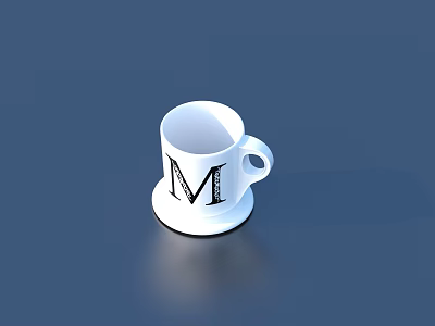 White Mug With Black Letter M And Saucer For Daily Household Use 3d model