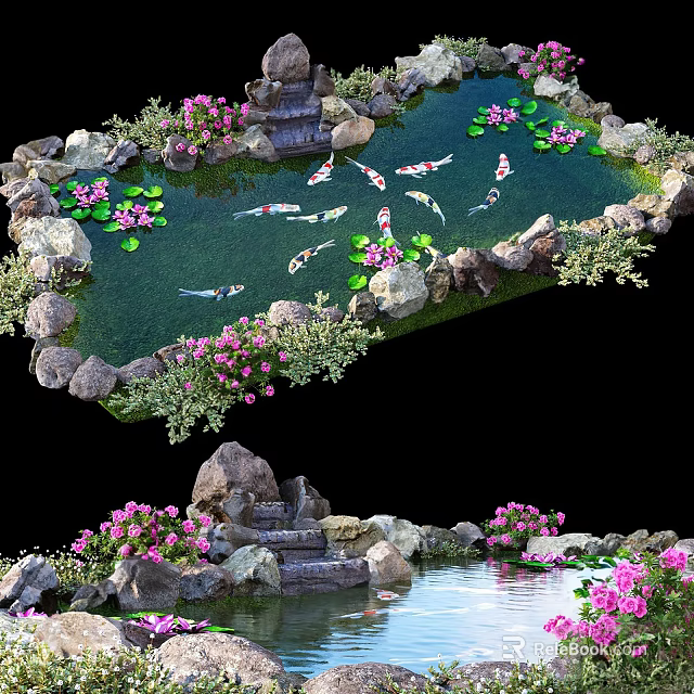 Serene Garden Pond With Koi Fish Water Lilies Pink Flowers And Stone Steps 3d model 