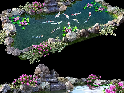 Serene Garden Pond With Koi Fish Water Lilies Pink Flowers And Stone Steps 3d model