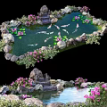Serene Garden Pond With Koi Fish Water Lilies Pink Flowers And Stone Steps