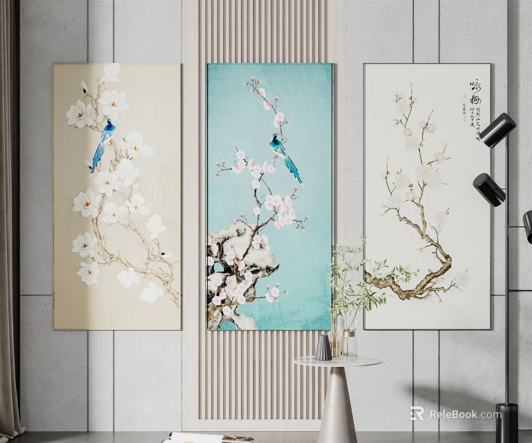 Three Plant Paintings with Floral Branches and Blue Birds for Interior Wall Decor 3d model 
