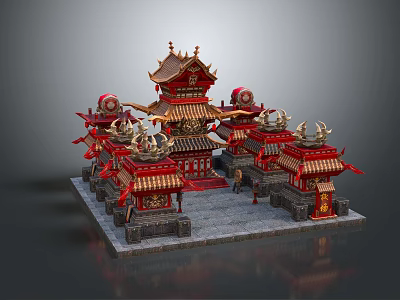 Cartoon Scene Of Chinese Traditional Architecture With Red Gold Roofs Curved Eaves And Multiple Pavilions 3d model