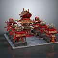 Cartoon Scene Of Chinese Traditional Architecture With Red Gold Roofs Curved Eaves And Multiple Pavilions