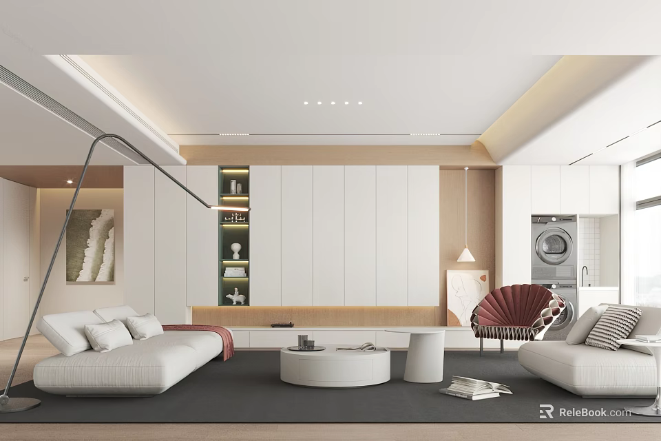 Modern Living Room Interior Design With White Sofas Curved Chair And Recessed Lights 3d model 