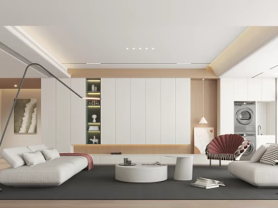 Modern Living Room Interior Design With White Sofas Curved Chair And Recessed Lights 3d model