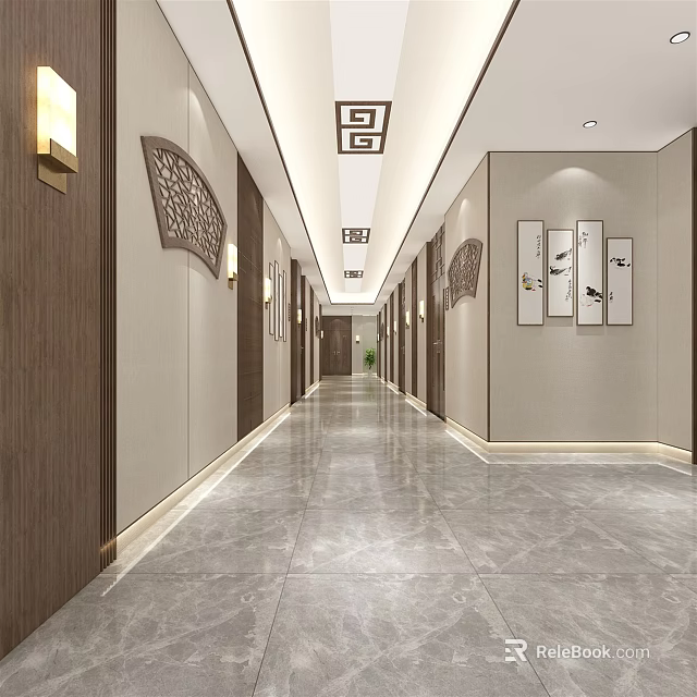 Elevator Hallway With Chinese Style Wooden Walls Fan Shaped Decorations And Marble Floor 3d model 