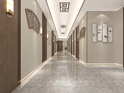 Elevator Hallway With Chinese Style Wooden Walls Fan Shaped Decorations And Marble Floor 3d model