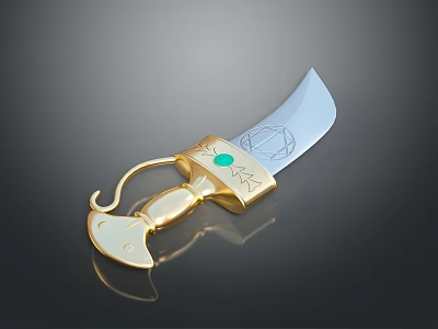 Weapon Knife Featuring Golden Handle Green Gemstone Silver Blade Cat Ear Design And End Hook 3d model
