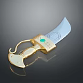 Weapon Knife Featuring Golden Handle Green Gemstone Silver Blade Cat Ear Design And End Hook