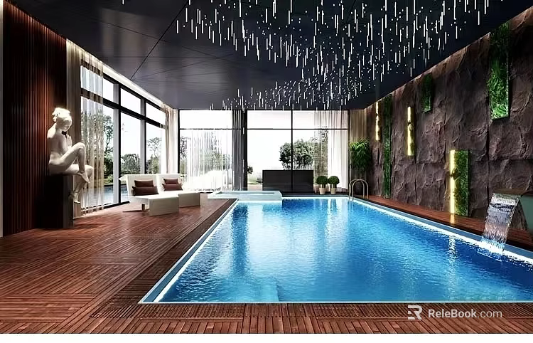 Modern Indoor Swimming Pool With Wooden Flooring Large Windows Green Wall Decorative Ceiling Seating Area 3d model 