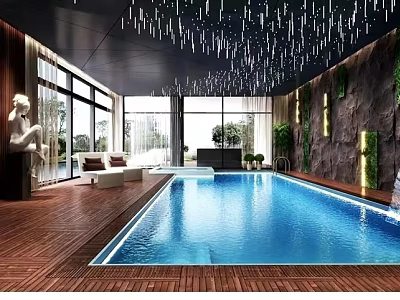 Modern Indoor Swimming Pool With Wooden Flooring Large Windows Green Wall Decorative Ceiling Seating Area 3d model