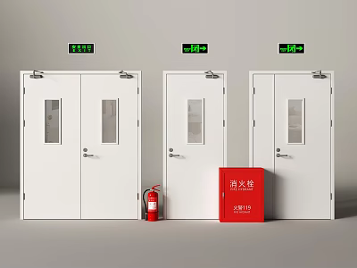 White Fire Doors With Green Exit Signs Red Fire Extinguisher And Hydrant Cabinet 3d model