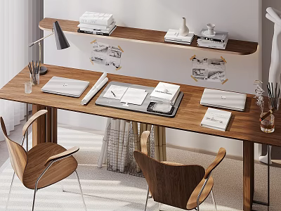 Wooden Home Office Desk With Laptop Folders And Stationery Alongside Wooden Chairs And Wall Shelf 3d model