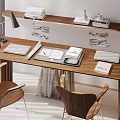 Wooden Home Office Desk With Laptop Folders And Stationery Alongside Wooden Chairs And Wall Shelf