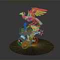 Intricate Orange Mechanical Sculpture With Phoenix And Human Figure On Wheel Platform