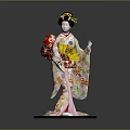 Traditional Japanese Geisha Woman Wearing Floral Kimono Holding Red Decorative Item On Black Base