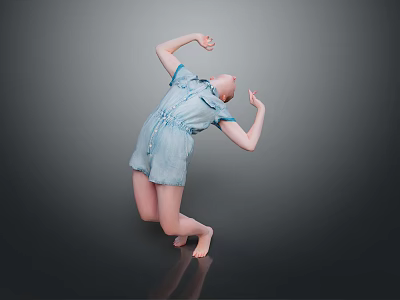 Child Performing Dance Move In Blue Denim Romper Barefoot On Gray Background 3d model