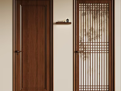 Wooden Doors With Lattice Design Bamboo Curtain Pattern And Wall Shelf Decor 3d model