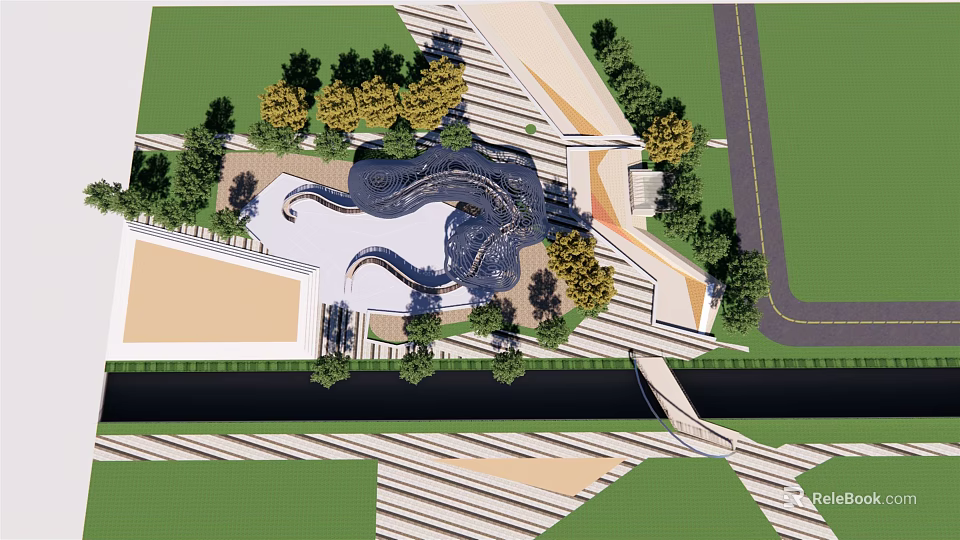 Urban Park Landscape Design With Curved Water Feature Trees And Paved Paths 3d model 