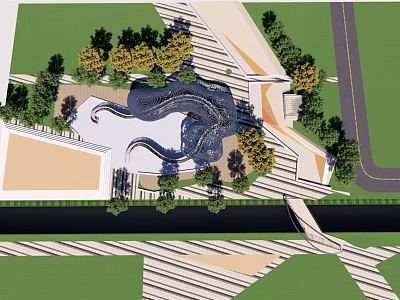 Urban Park Landscape Design With Curved Water Feature Trees And Paved Paths 3d model