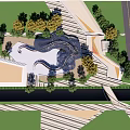 Urban Park Landscape Design With Curved Water Feature Trees And Paved Paths