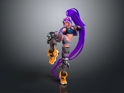 Futuristic Female Character With Purple Long Hair Mechanical Armor And Dynamic Pose 3d model