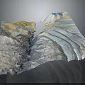 Detailed Mountainous Terrain Model With Blue White Layers And Yellow Flowing Ridges