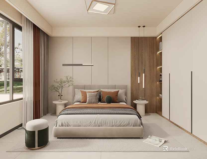 Modern Minimalist Bedroom Interior Design With Bed Pillows Wooden Panels Bedside Tables And Large Windows 3d model 