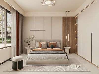 Modern Minimalist Bedroom Interior Design With Bed Pillows Wooden Panels Bedside Tables And Large Windows 3d model