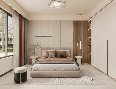 Modern Minimalist Bedroom Interior Design With Bed Pillows Wooden Panels Bedside Tables And Large Windows 3d model