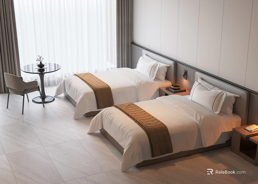 Hotel Room Interior With Twin Beds White Linens Brown Runners Nightstands Table And Chair 3d model 