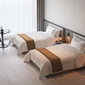 Hotel Room Interior With Twin Beds White Linens Brown Runners Nightstands Table And Chair