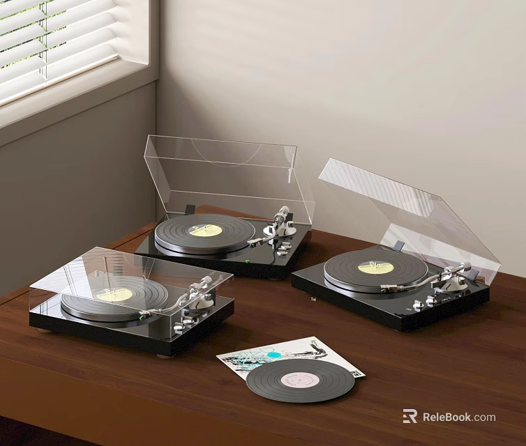 Modern Turntables on Wooden Table with Vinyl Records near Window Venetian Blinds Background 3d model 