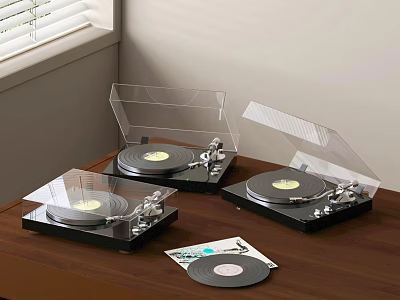 Modern Turntables on Wooden Table with Vinyl Records near Window Venetian Blinds Background 3d model