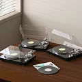 Modern Turntables on Wooden Table with Vinyl Records near Window Venetian Blinds Background
