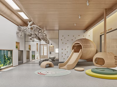 Natural Style Kindergarten Interior With Wooden Slide And Play Structures 3d model