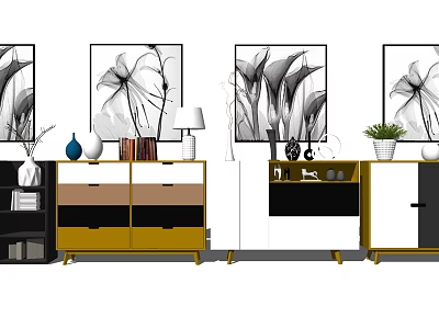 Modern Hallway Cabinet Sideboard Design With Yellow Black Accents Wall Art Table Lamp And Plant 3d model