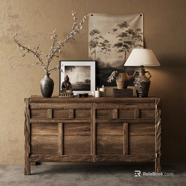 Wooden Entryway Console Table with Vase Buddha Statue Photo Frame Candles and Table Lamp 3d model 