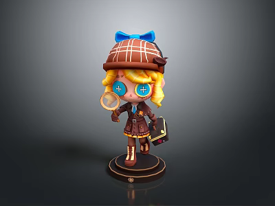 Detective Themed Decorative Doll With Brown Plaid Hat Blue Bow Magnifying Glass And Small Suitcase 3d model