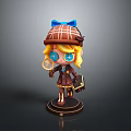 Detective Themed Decorative Doll With Brown Plaid Hat Blue Bow Magnifying Glass And Small Suitcase