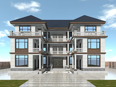 Two Story Detached Villa With Black Roof White Exterior And Spacious Courtyard 3d model