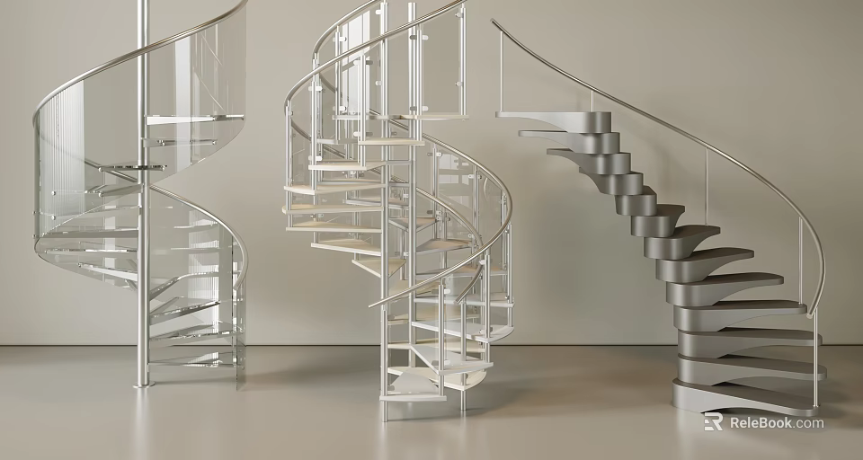 Modern Spiral Staircase Design With Metal Frame And Glass Railing Structure 3d model 