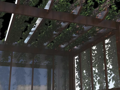 Lush Green Vines Growing On Wooden Beams In Glass Enclosed Room 3d model