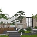 Japanese Courtyard Garden With Seating Area Water Feature Pine Trees And Lighting