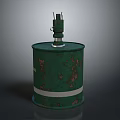 Green Rusty Household Barrel With White Stripe And Metal Top Structure
