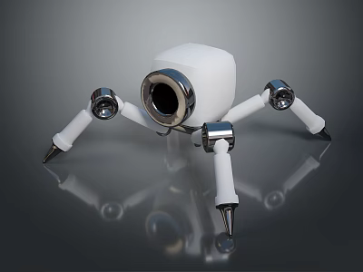 White Mechanical Spider Game Movie Character With Metallic Legs Circular Lens And Reflective Surface 3d model