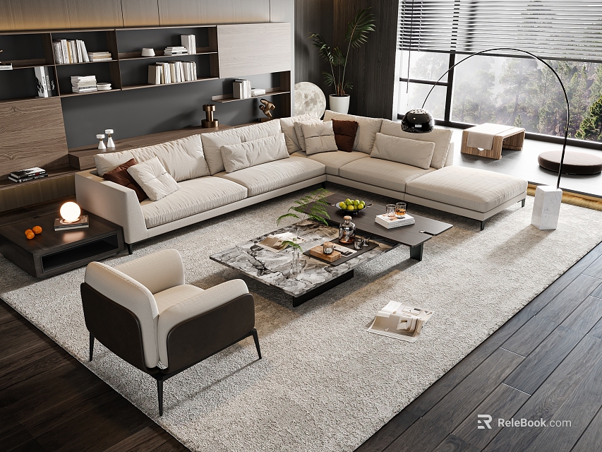 Modern L-shaped Cream Sofa and Marble Coffee Table Set with Decorative Plants and Books 3d model 