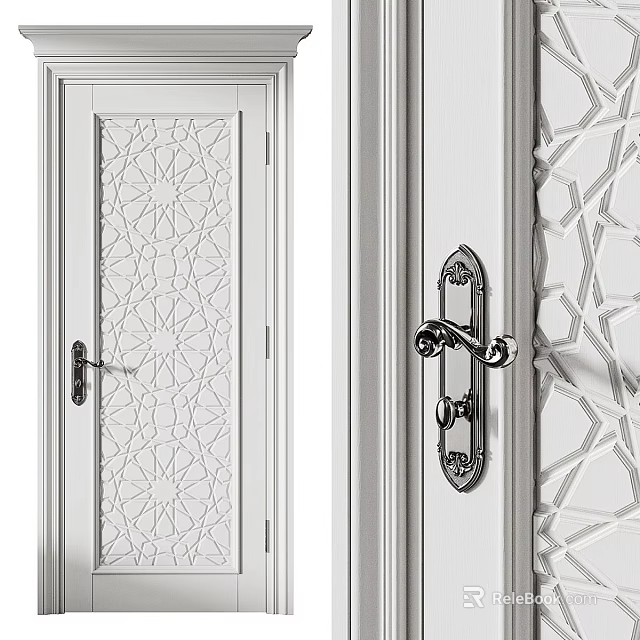 Modern Swing Door With Intricate Geometric Pattern And Decorative Metal Handle 3d model 