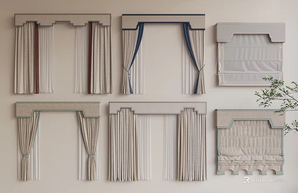 Different Curtain Styles With Decorative Valances And Textured Fabrics For Home Decor 3d model 
