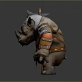 Armored Rhino Warrior Fantasy Game Character With Spiked Axe And Leather Armor Red Accents